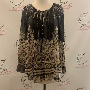 V Cristina. Sz Small. Pleated Border Print Button Up Tunic. Semi Sheer. B43